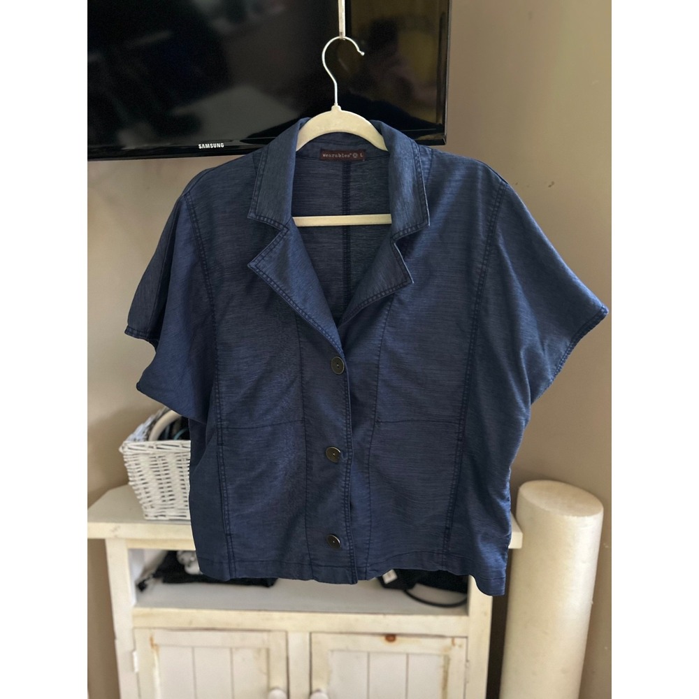 XCVI Wearables Blue Lyocell Boxy Short Sleeve Jacket Blazer Size L